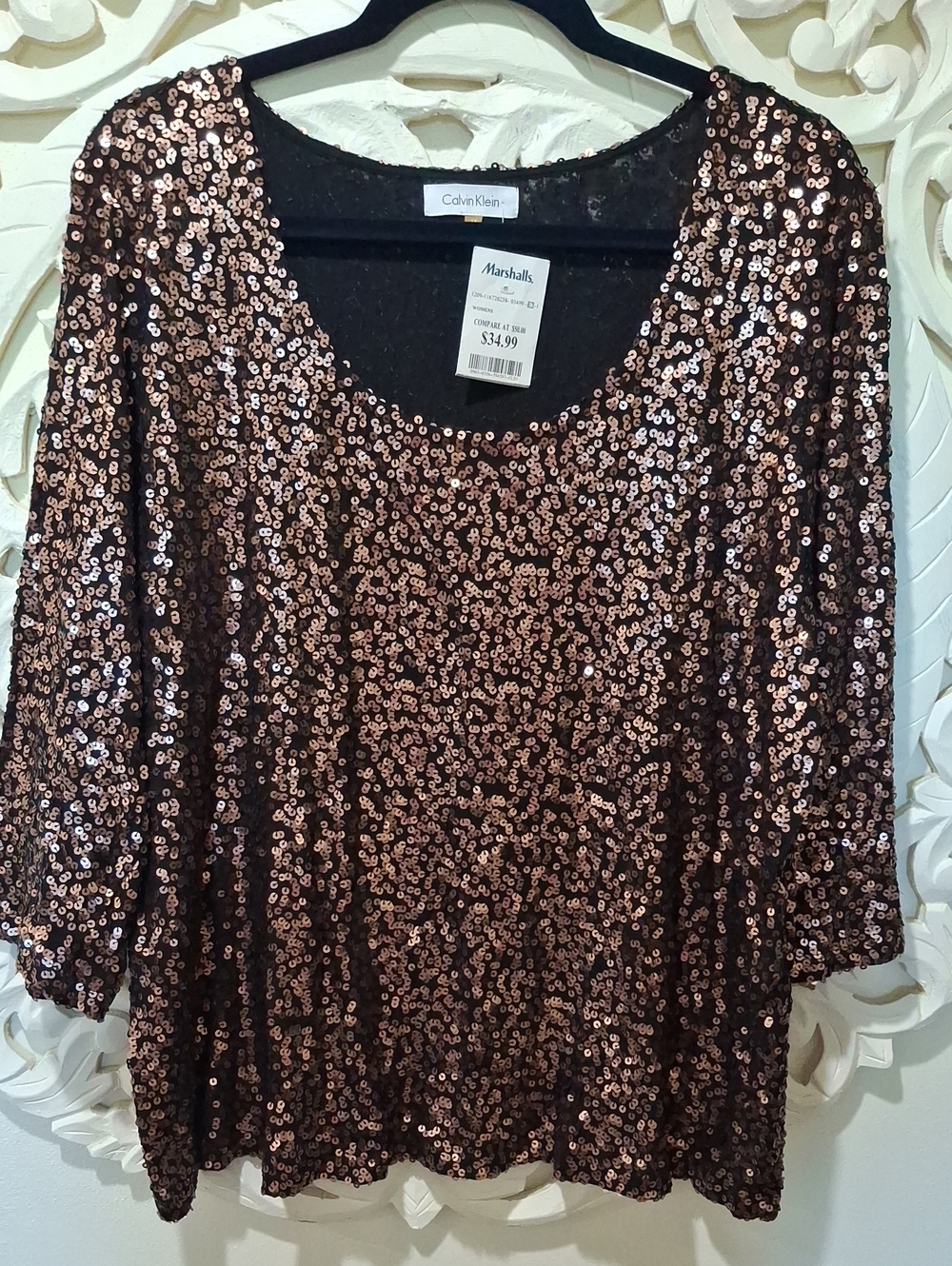 Calvin Klein Rose Gold Sequin Scoop Neck Top